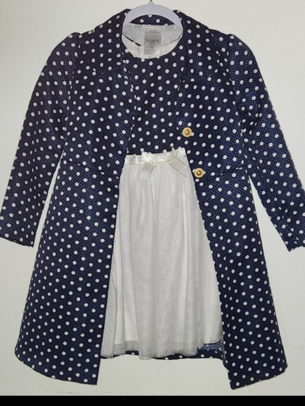 Bonnie Jean Navy Blue And White Polka Dot Coat And Dress Set Size 10